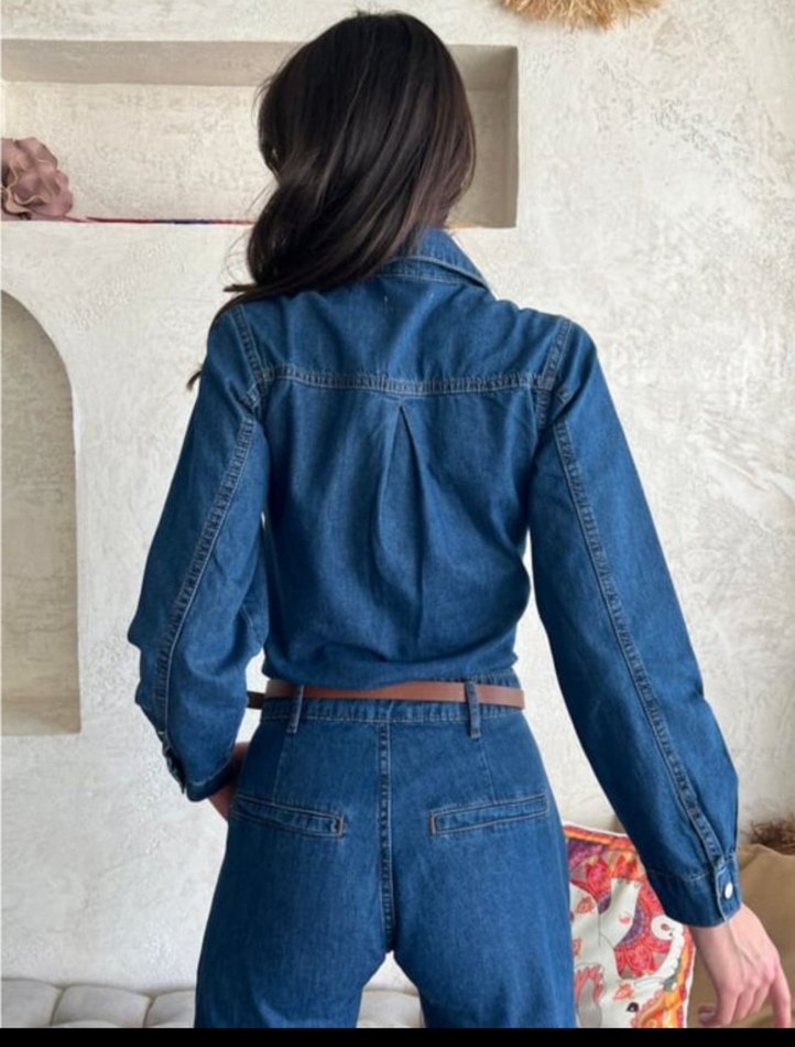 Kadın Mavi Uzun Kot Ceket - Görsel 3