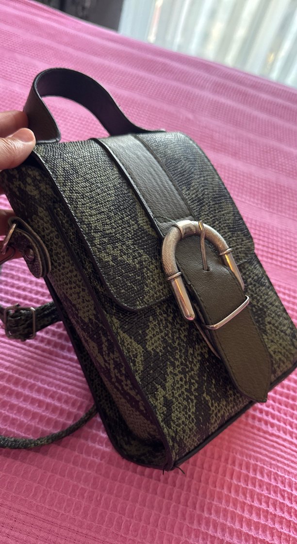 Yeşil Yılan Derisi Desenli Deri Omuz Çantası - Görsel 4