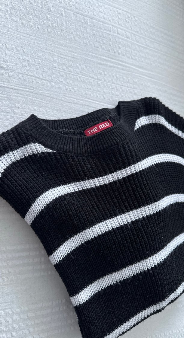 Siyah Gri Çizgili Örgü Kadın Kazak - Görsel 3