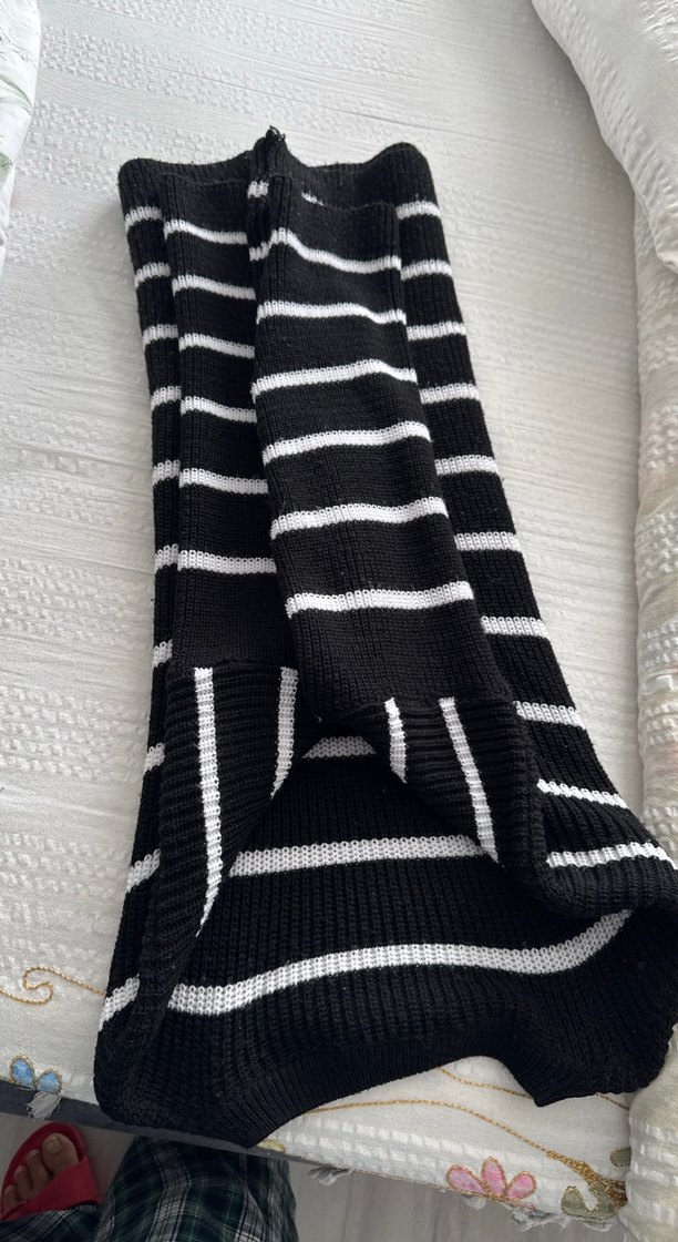 Siyah Gri Çizgili Örgü Kadın Kazak - Görsel 2