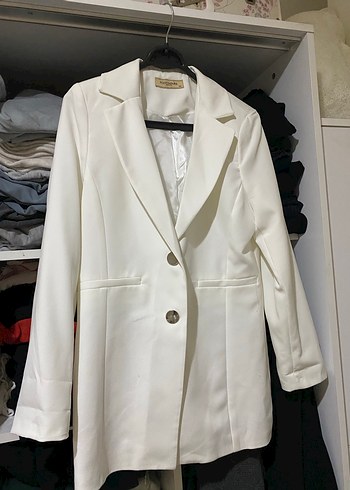 Düğmeli Beyaz Kadın Blazer Ceket - Görsel 2