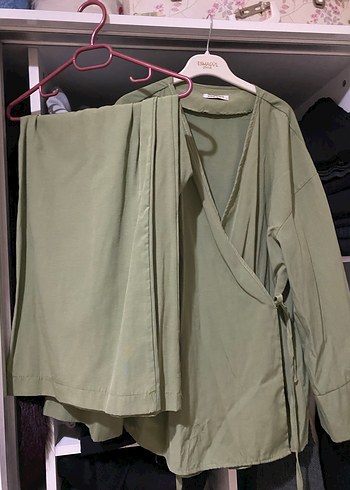 Uzun Yeşil Kadın Kimono takım - Görsel 3