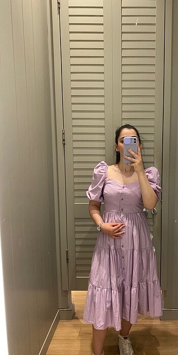 s Beden mor Renk Balon kollu düğme detaylı elbise