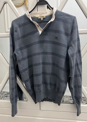 Burberry Gri Cizgili V Yaka Triko Kazak