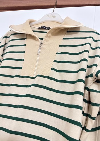 Bej Çizgili Fermuarlı Kadın Sweatshirt - Görsel 3