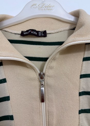 Bej Çizgili Fermuarlı Kadın Sweatshirt - Görsel 4