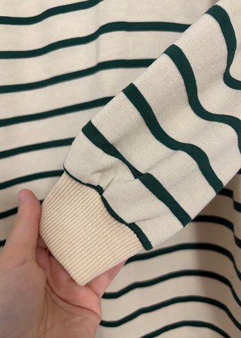 Bej Çizgili Fermuarlı Kadın Sweatshirt - Görsel 2