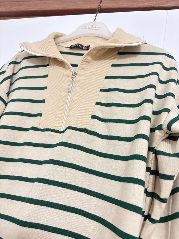 Bej Çizgili Fermuarlı Kadın Sweatshirt - Görsel 3