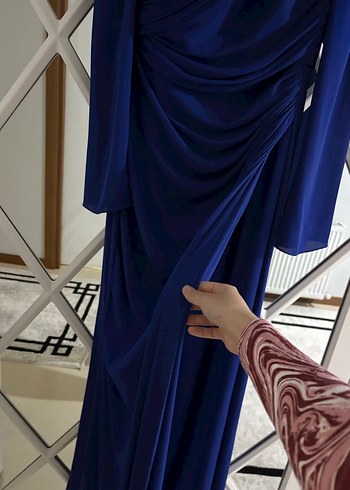 Uzun Kollu Drapeli mavi Abiye - Görsel 3