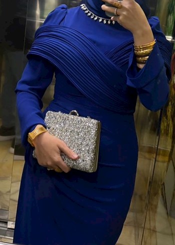 Uzun Kollu Drapeli mavi Abiye - Görsel 5