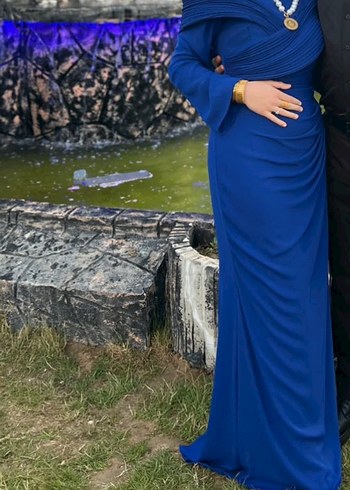 Uzun Kollu Drapeli mavi Abiye - Görsel 7