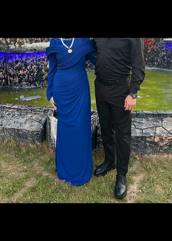 Uzun Kollu Drapeli mavi Abiye - Görsel 4