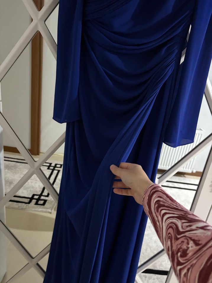 Uzun Kollu Drapeli mavi Abiye - Görsel 3