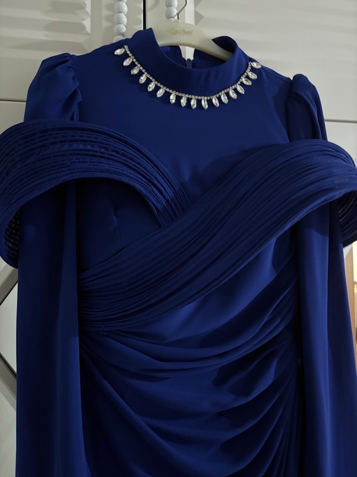 Uzun Kollu Drapeli mavi Abiye - Görsel 2