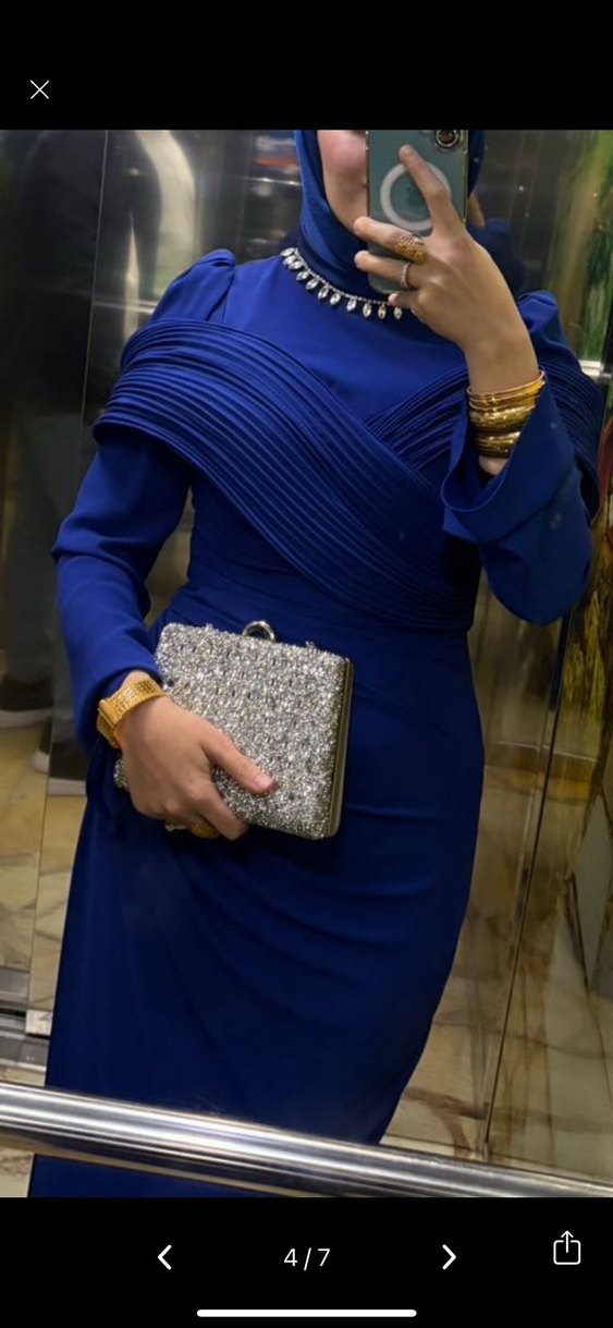 Uzun Kollu Drapeli mavi Abiye - Görsel 5