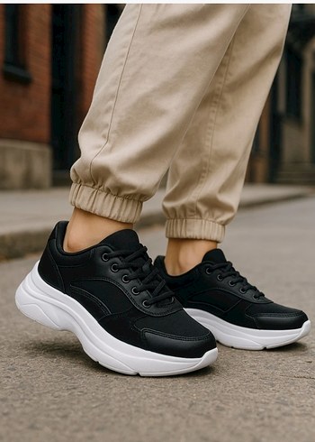 Siyah Platform Topuklu Bağcıklı Kadın Spor Ayakkabı - Görsel 3