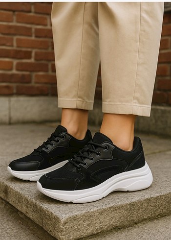 Siyah Platform Topuklu Bağcıklı Kadın Spor Ayakkabı - Görsel 2