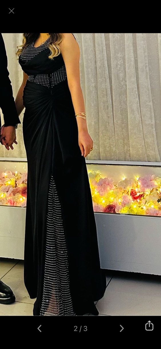 Siyah Transparan Drapeli Uzun Saten Elbise - Görsel 2