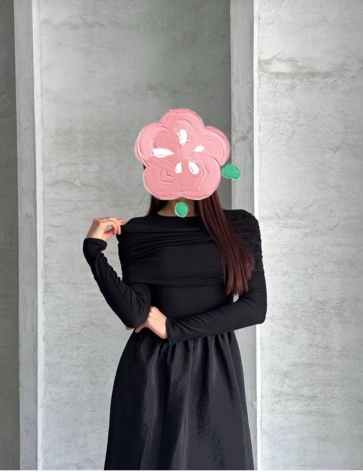 Uzun Kollu Siyah Büzgülü Elbise - Görsel 2