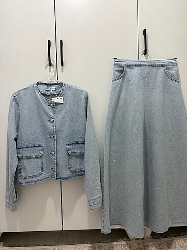 Denim kot etekli takım vakko şal