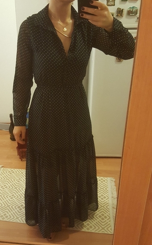Siyah Puantiyeli Şifon Elbise 
