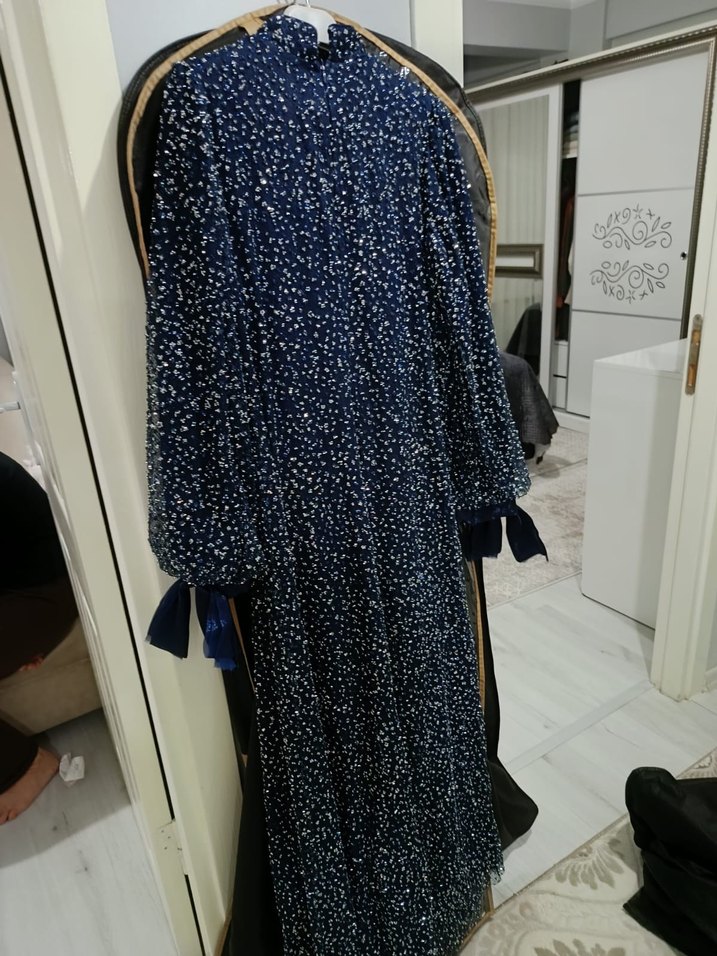 Püsküllü Lacivert Uzun Kadın Elbise - Görsel 4