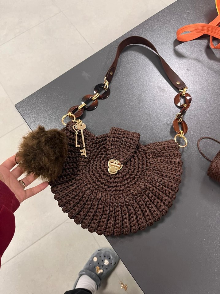 Kahverengi Örgü Bohem Kadın Çanta - Görsel 2
