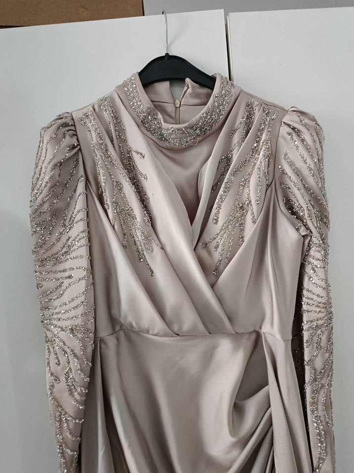 Bej Drapeli Uzun Abiye Elbise - Görsel 2