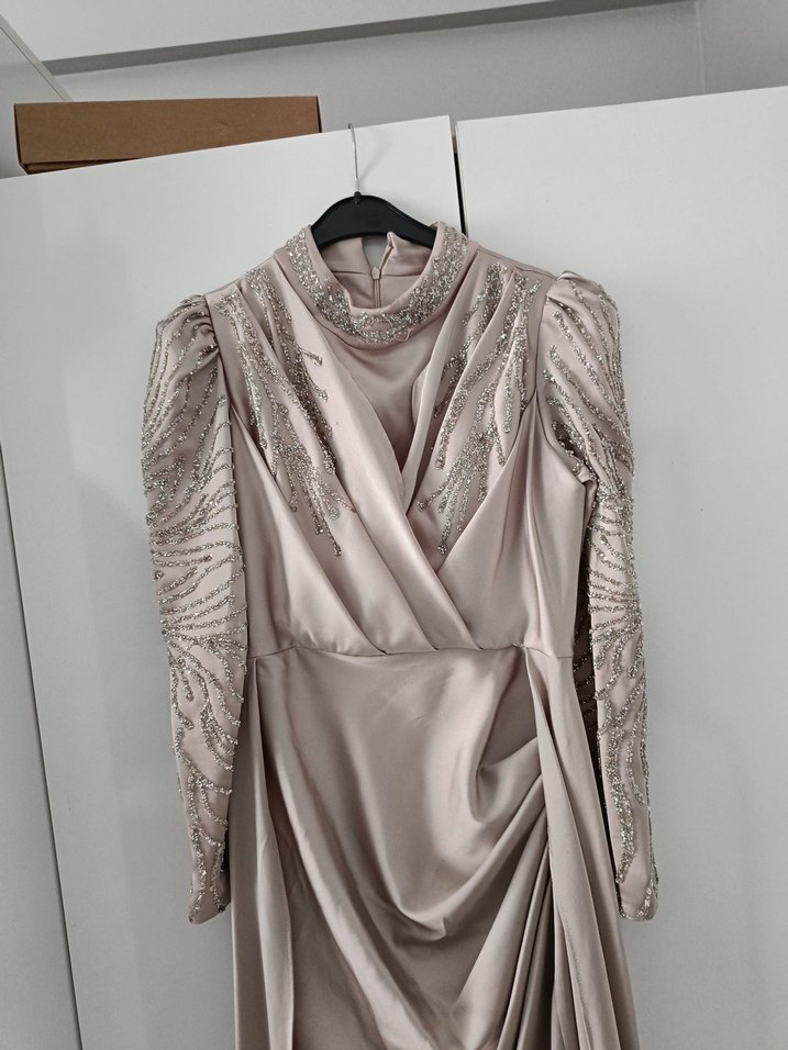 Bej Drapeli Uzun Abiye Elbise - Görsel 3