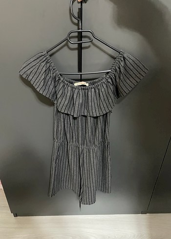 Gri Çizgili Fırfırlı Mini Tulum - Görsel 2