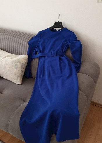 Uzun Kollu Piliseli Mavi Uzun Elbise - Görsel 3