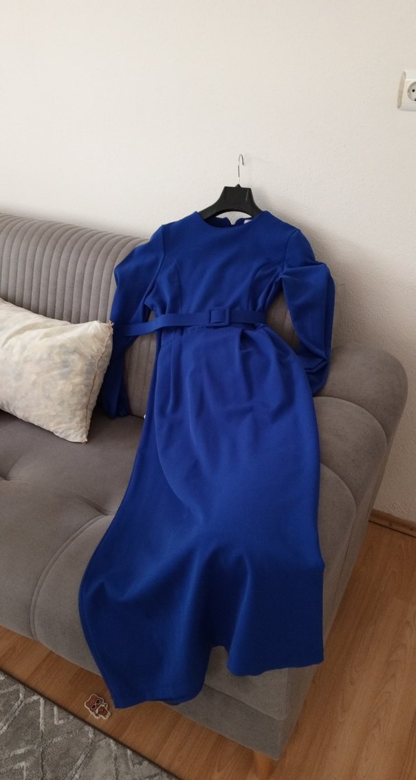 Uzun Kollu Piliseli Mavi Uzun Elbise - Görsel 3