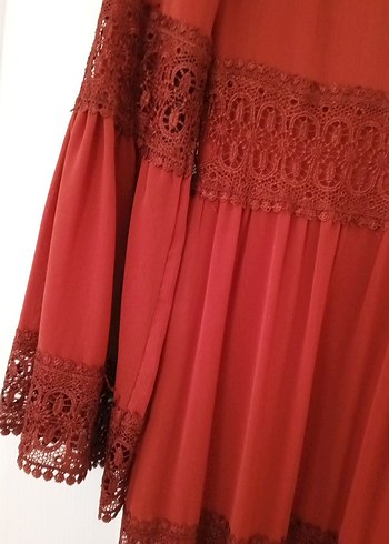 Dantel Detaylı kiremit rengiUzun Bohem Elbise - Görsel 2