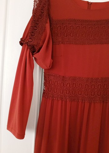 Dantel Detaylı kiremit rengiUzun Bohem Elbise - Görsel 4