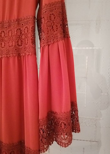 Dantel Detaylı kiremit rengiUzun Bohem Elbise - Görsel 3