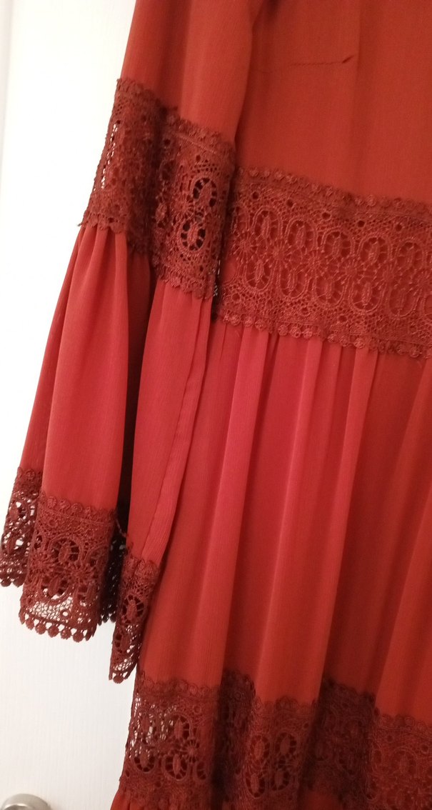 Dantel Detaylı kiremit rengiUzun Bohem Elbise - Görsel 2