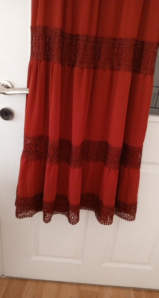 Dantel Detaylı kiremit rengiUzun Bohem Elbise - Görsel 5