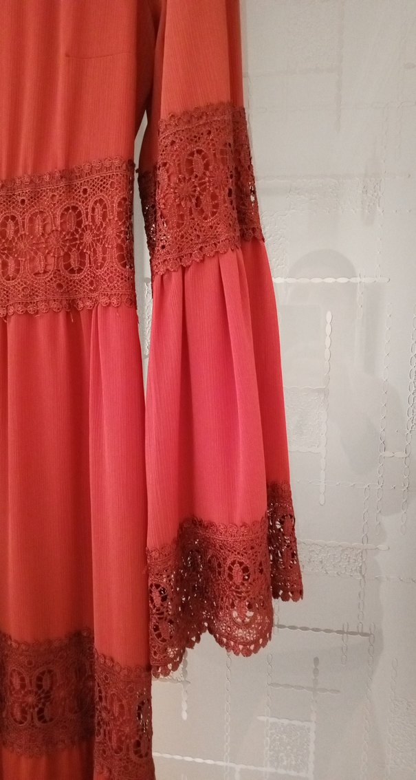 Dantel Detaylı kiremit rengiUzun Bohem Elbise - Görsel 3