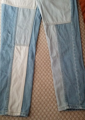 Düğmeli Renk Bloklu Mavi Kadın Jean - Görsel 3