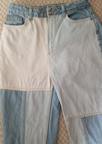 Düğmeli Renk Bloklu Mavi Kadın Jean - Görsel 2