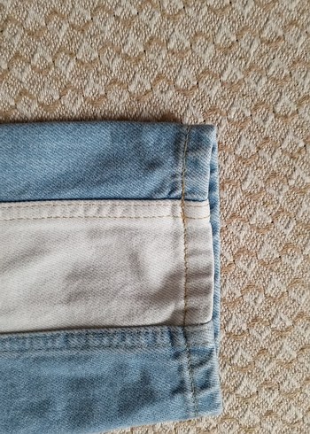 Düğmeli Renk Bloklu Mavi Kadın Jean - Görsel 5