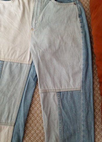 Düğmeli Renk Bloklu Mavi Kadın Jean - Görsel 4