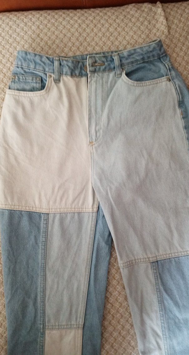 Düğmeli Renk Bloklu Mavi Kadın Jean - Görsel 2