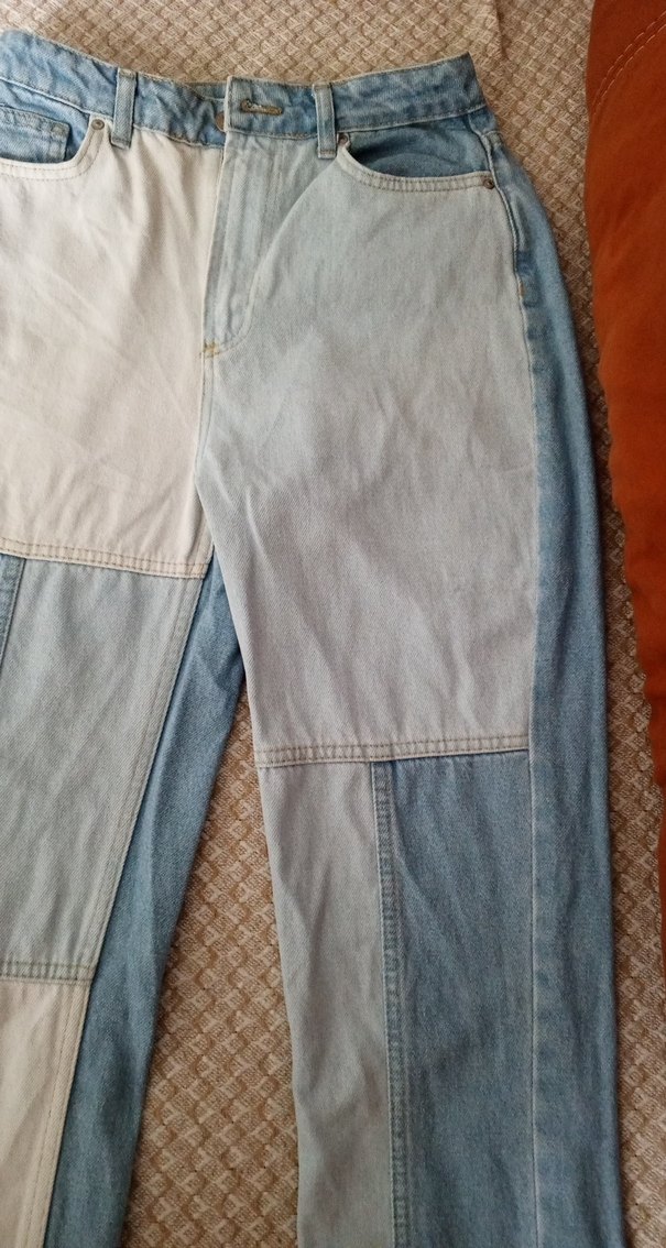 Düğmeli Renk Bloklu Mavi Kadın Jean - Görsel 4