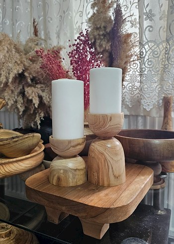 Ahşap Mumluk Bej Mum Seti - Görsel 8