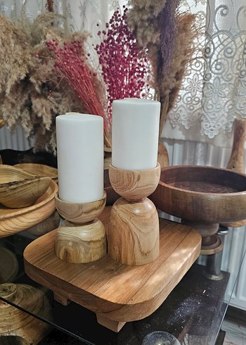 Ahşap Mumluk Bej Mum Seti - Görsel 3