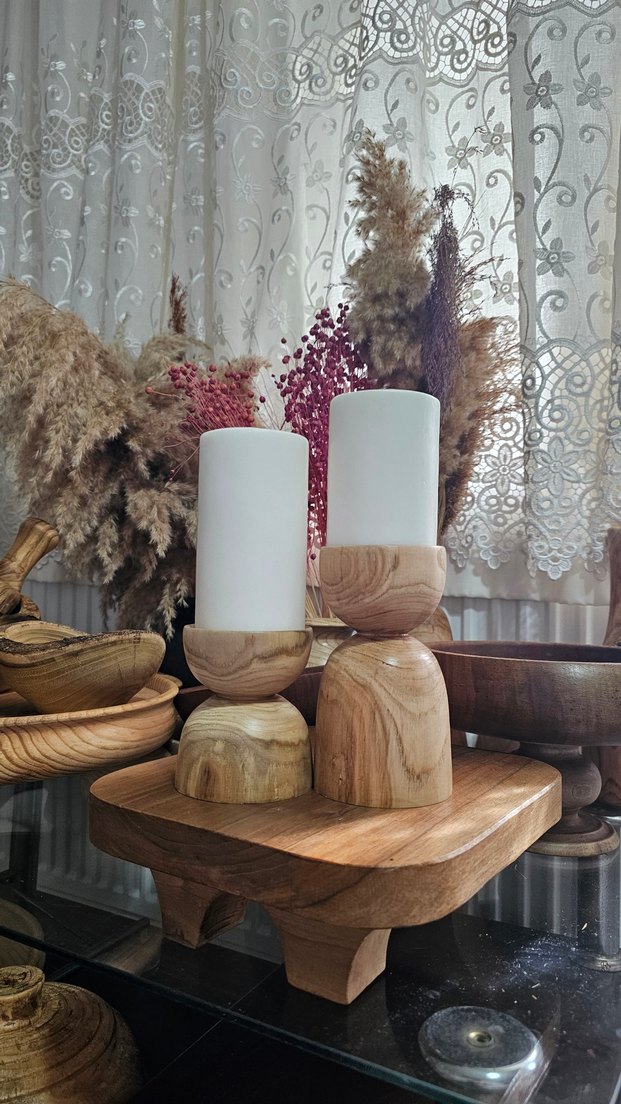 Ahşap Mumluk Bej Mum Seti - Görsel 2