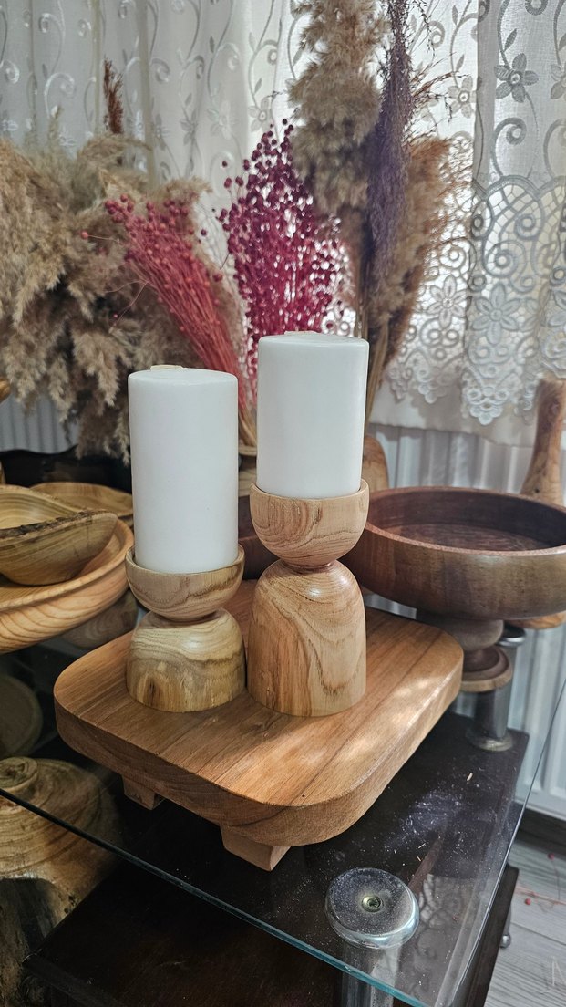 Ahşap Mumluk Bej Mum Seti - Görsel 3