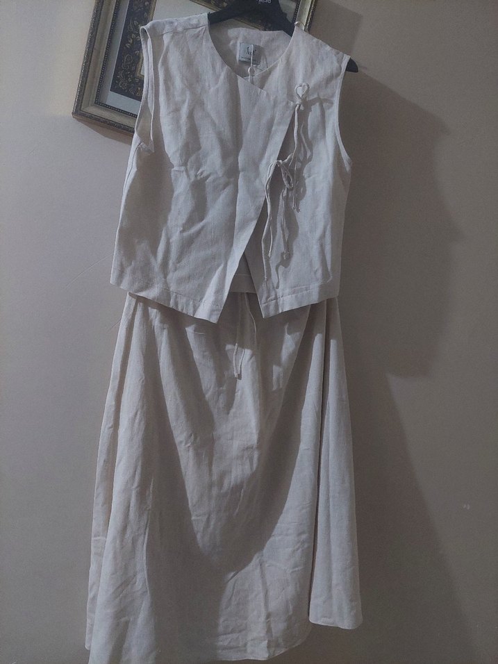 Beyaz Keten Midi Salaş Etek yelek - Görsel 2