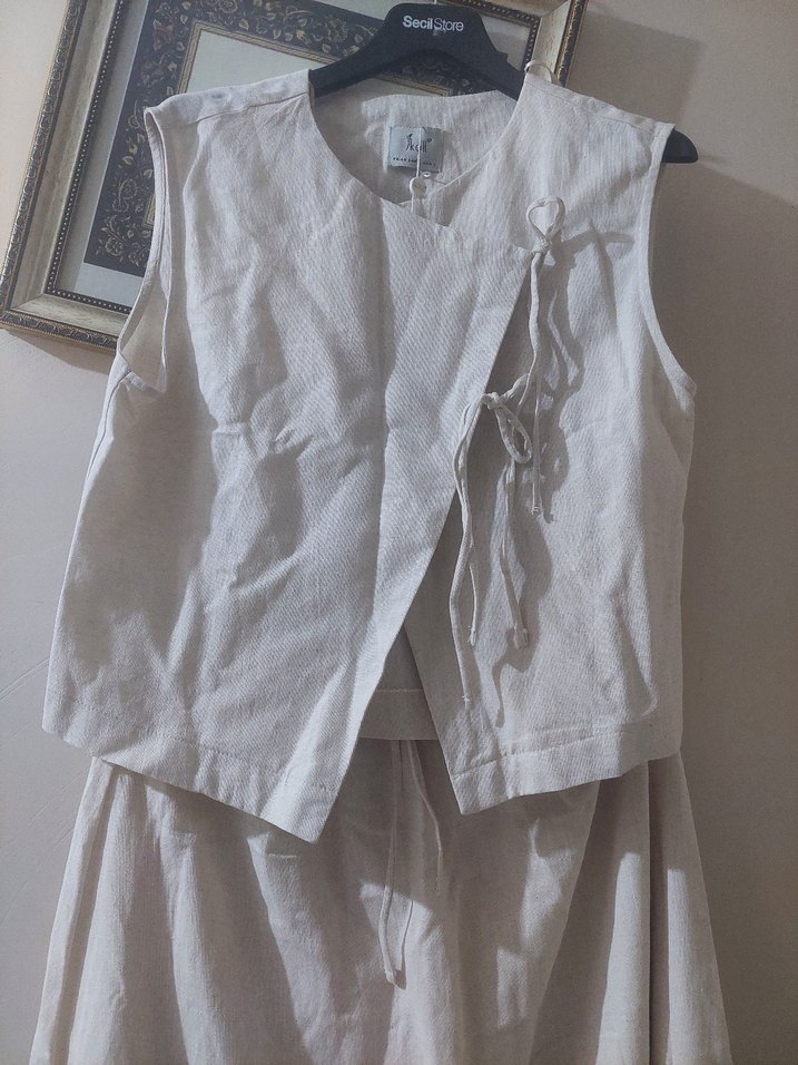 Beyaz Keten Midi Salaş Etek yelek - Görsel 3